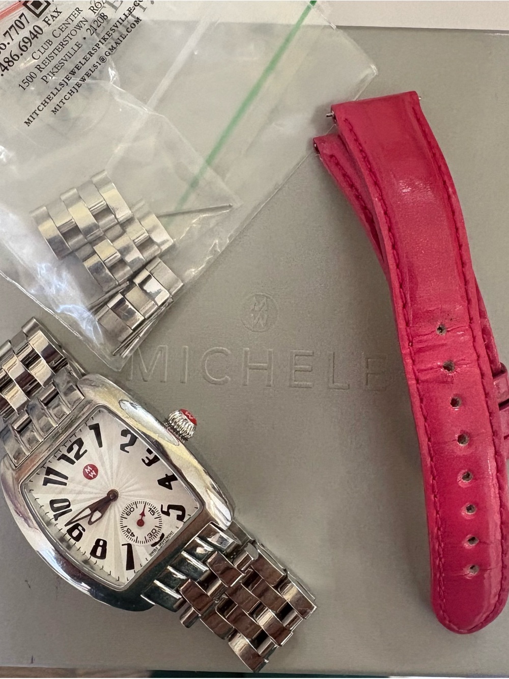 Michele Silver Stainless Steel Watch with Bright Pink Leather Strap